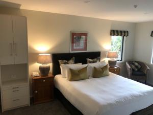 陶波Baycrest Thermal Lodge的一间卧室配有一张带两盏灯的大型白色床。
