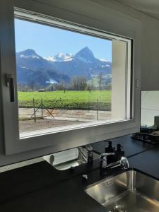 吉斯维尔Haus Melchaazopf的窗户俯瞰着厨房水槽,享有田野美景