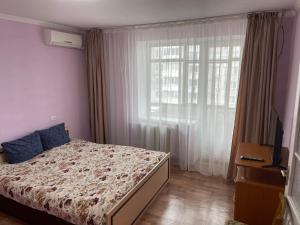 切尔卡瑟Апартаменты на ГОГОЛЯ,460的一间卧室设有一张床和一个大窗户