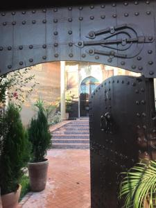 梅克内斯Les Jardins de Ryad Bahia的一座有盆栽植物的建筑中的金属门