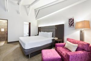 圣何塞Crowne Plaza San Jose La Sabana, an IHG Hotel的一间卧室配有一张床和一张紫色沙发