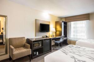 堪萨斯城堪萨斯城国际机场司丽普酒店的酒店客房配有一张床和一张书桌及一台电视