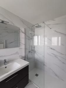 比拉尔瓦Seijo的带淋浴和盥洗盆的白色浴室