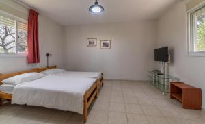Mizra‘Mizra Guest House的一间卧室配有两张床和一台平面电视