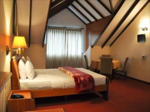 努沃勒埃利耶Stamford Star Hotel的酒店客房配有一张床铺和一张桌子。