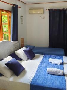 拉迪格岛La Digue Ylang Ylang的一间卧室配有一张带蓝白色枕头的大床