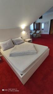 BranevBra Haus的一张大白色的床,位于一间铺有红地毯的房间里