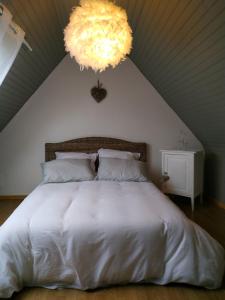 劳恩尼克TI-ARMOR的卧室配有一张带吊灯的大型白色床。