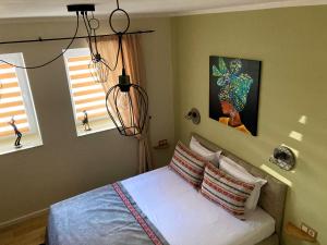 普罗夫迪夫Diva Garden Apartment的一间卧室设有一张床和两个窗户。