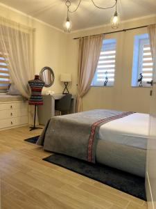 普罗夫迪夫Diva Garden Apartment的卧室配有一张床、一张书桌和窗户。