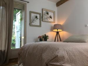 迈兹Domaine Sesquier Mas d'exception Jasmin的一间卧室设有床、窗户和一盏灯。