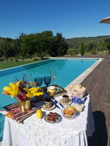 维塞乌Quinta das Regueiras的一张桌子,上面有食物,放在游泳池边