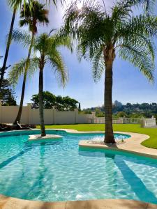 EsteponaHuge Golf and Spa Mansion 8 min from Puerto Banus的中间种有棕榈树的游泳池