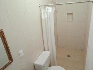 马萨特兰Hotel Kiko的浴室设有卫生间和带浴帘的淋浴。