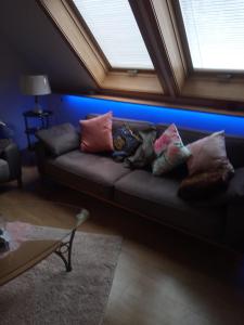 劳特尔巴赫Haus Wander-Lust的客厅配有带枕头的沙发,设有窗户
