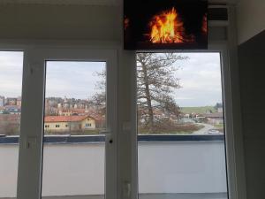 TrebnjeRoof Apartment ART-PE的客房设有2扇窗户,窗户上设有壁炉