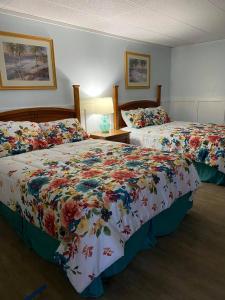 滨湖杰尼瓦The Palms Motel的酒店客房,配有两张带花卉图案的床铺