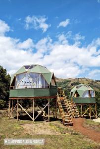 托塔GLAMPING Aldea Muisca的两座树木茂密的山丘上的大型圆顶建筑