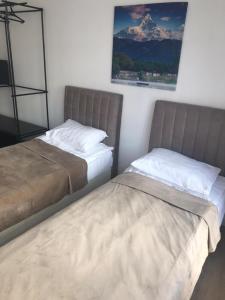 阿斯塔纳Sulu Hostel的两张睡床彼此相邻,位于一个房间里