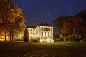 希斯利兹伯班克乐妮城堡酒店的一座大建筑,晚上在院子里有圣诞灯