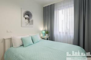 华沙Millennium Awangarda Mint的一间卧室配有一张带蓝色枕头的床和一扇窗户。