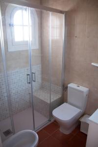 福尔内利斯Homenfun Menorca Playa de Fornells II的带淋浴、卫生间和盥洗盆的浴室