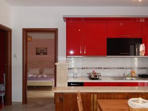 尼基季Palm House Nikiti - Apartments Vicky的一间带红色橱柜和水槽的厨房