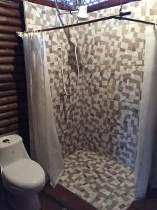 萨拉皮基Eco Guest House- Sarapiquí 2的带淋浴、卫生间和浴帘的浴室