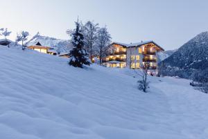 绍滕斯Hotel Ritzlerhof - Adults only的雪中一座雪覆盖的山丘上的房子