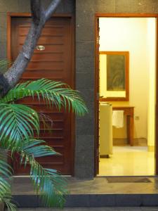 雅加达Rhiz Guest House Tebet的旁边棕榈树的房子的门