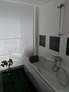 派尔努Aida 5 City Center Apartment的带窗户的浴室内的白色浴缸