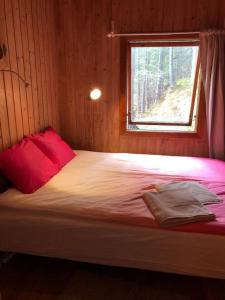 YtteroyBeautiful 3 Bed Cottage in Ytteroy with seaview的一间卧室配有一张带红色枕头的床和窗户
