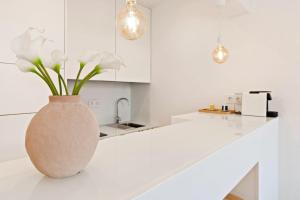 里斯本Modern Portuguese 1 Bedroom Apartment in Belém的白色的厨房,在柜台上摆放着花瓶