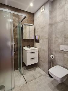 海布Pension Berlin的浴室配有卫生间、淋浴和盥洗盆。