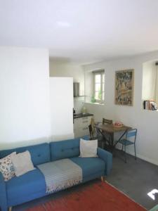 斯特拉斯堡Appartement Petite France avec terrasse的客厅配有一张蓝色的沙发,配有一张桌子