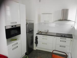 斯特拉斯堡Appartement Petite France avec terrasse的厨房配有白色橱柜和不锈钢冰箱