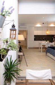 阿威罗Aveiro 5 Estrelas的客厅和用餐室享有厨房的景致。
