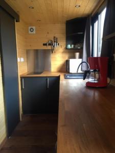 穆斯克龙Tiny House Otra Cosa的厨房设有木墙和台面