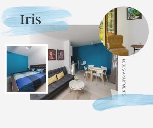 桑丹斯基Rebus Apartments的一间拥有蓝色墙壁、一张床和一张桌子的房间