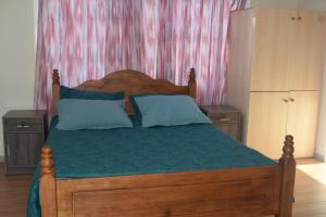 拉纳卡MERSINERA PARADISE GARDEN STARS HOUSE的一间卧室配有一张带蓝色枕头的木床。