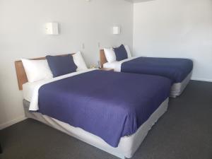 圣伊尼亚斯Aurora Borealis的配有紫色毯子和枕头的客房内的两张床