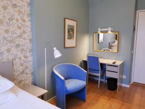 哥德堡Hotel Lorensberg的客房设有书桌、两把椅子和镜子