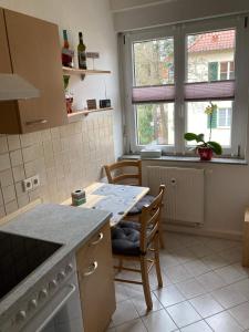德累斯顿Ferienwohnung Tapetenwechsel -Balkon-的厨房配有桌椅和窗户。