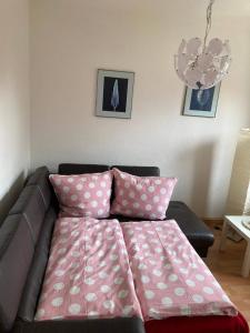 德累斯顿Ferienwohnung Tapetenwechsel -Balkon-的客厅配有带粉红色枕头的沙发
