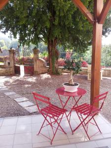 米尔库尔Chambre Hôte Villa Sainte Barbe的红色的桌子和椅子,上面有盆栽植物