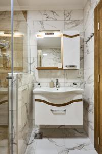 索科矿泉村AquaLux 2的白色的浴室设有水槽和淋浴。