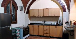 卢克索The Healing House的厨房配有木制橱柜、水槽和冰箱。