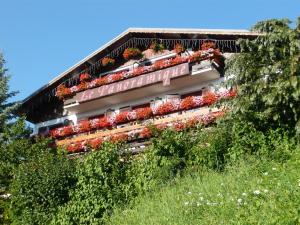 MizoënChalet Le Panoramique的一座建筑,上面有一堆植物