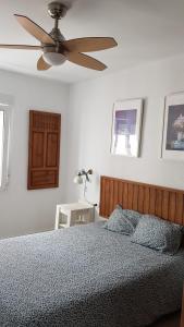 巴尔巴特Apto Playa del Carmen Chanquete的一间卧室配有一张带吊扇的床