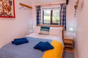 博斯卡斯尔Polrunny Farm Elderberry Cottage with sea view的一间卧室配有一张带两个枕头的床